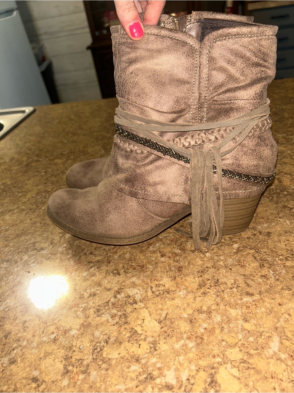 Suede-Look Tassel Ankle Boots in Taupe
